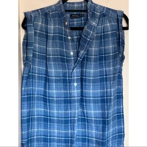Polo Ralph Lauren Blue White Plaid Linen Blouse
